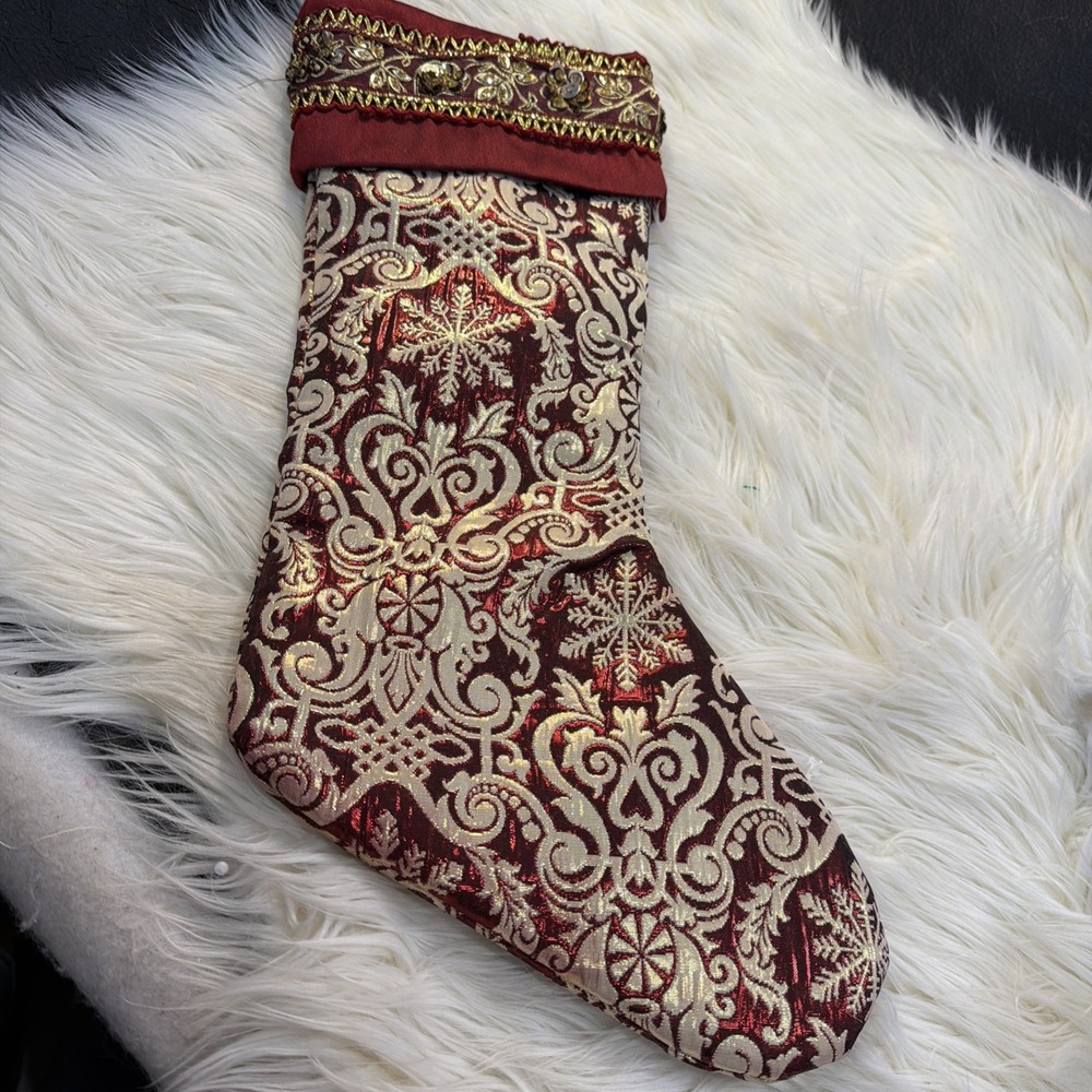 D & F Stocking Christmas Holiday Beaded Red Gold Beautiful Snowflakes Unique